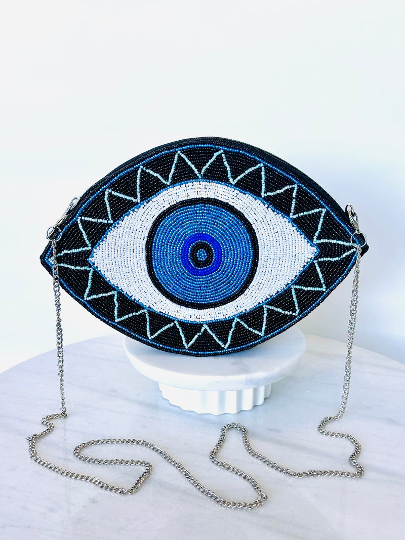 Black & Blue Beaded Mati Crossbody Bag