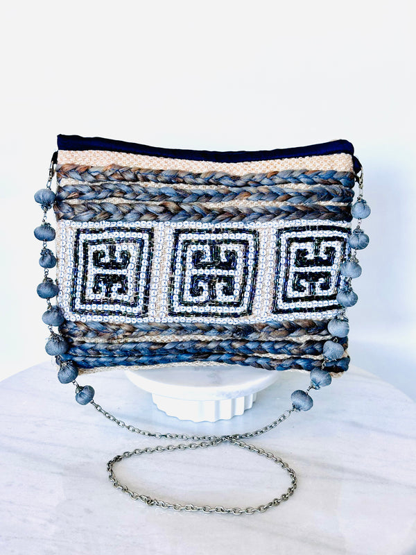 Greek Key Beaded Clutch with Chain