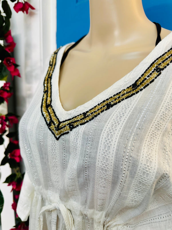 White Beaded Beach Kaftan