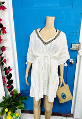 White Beaded Beach Kaftan