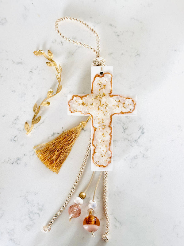 Handcrafted Clear Crystal Cross with Gold Speckle