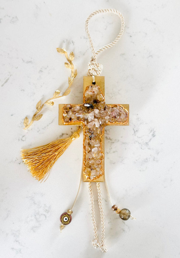 Handcrafted Citrine Crystal Cross - Gold