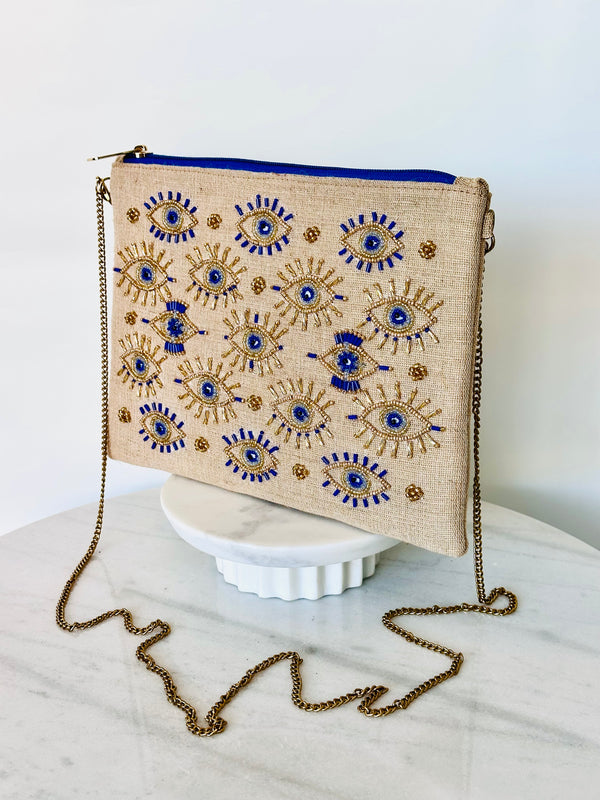 Beige Beaded Mati Clutch with Chain