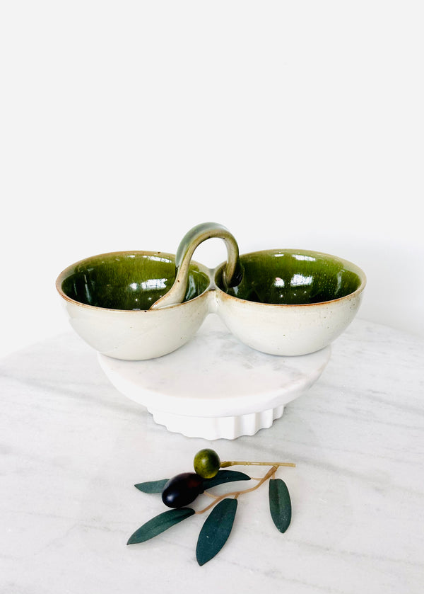 Olive Green Double Bowl with Handle