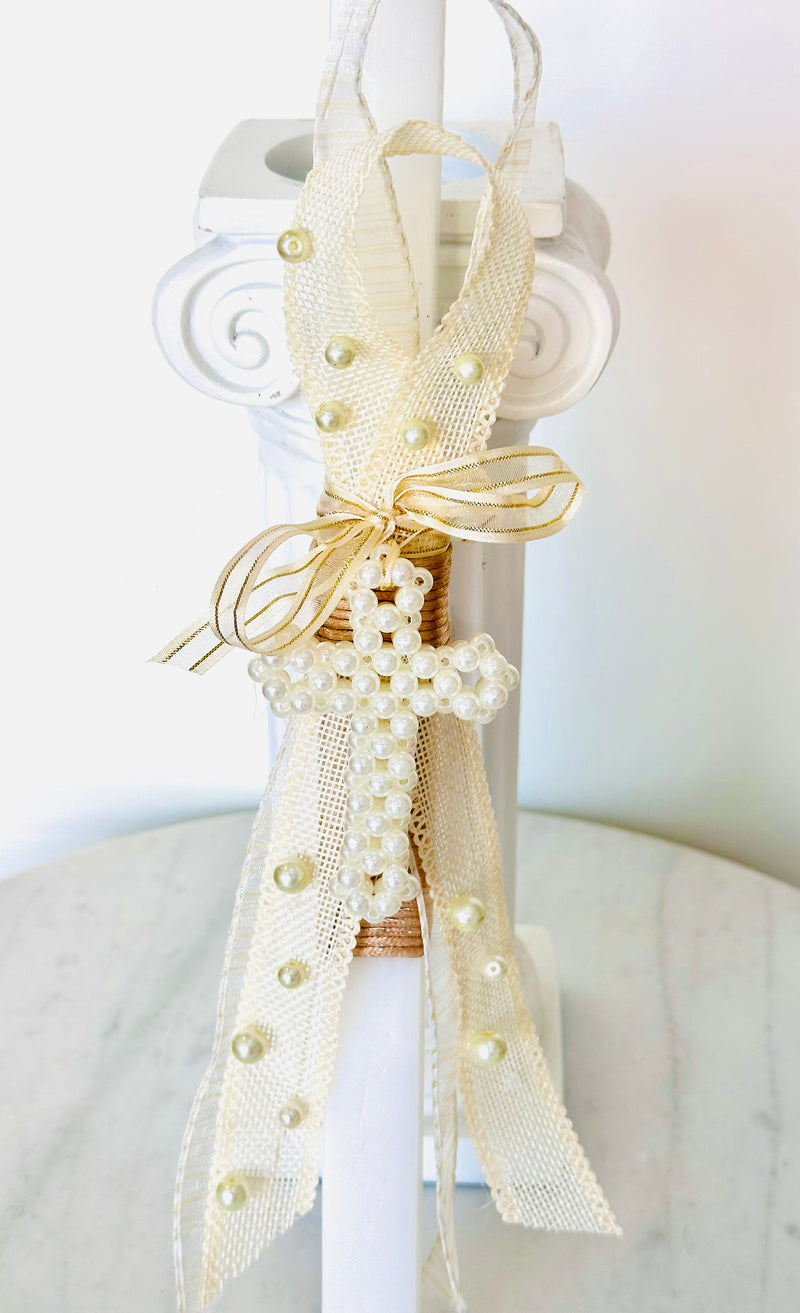 Pearl Beige & Gold Cross Lambatha Easter Candle