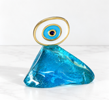 Handcrafted Aqua or Blue Glass Mati Decor - White