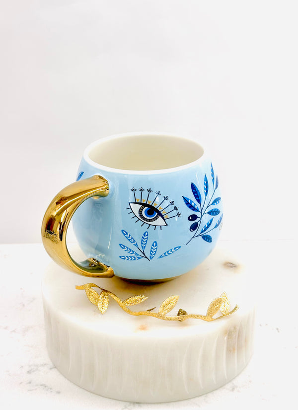 Blue Olive Branch and Mati Mug with Gold Handle