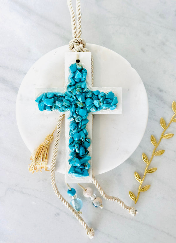 Handcrafted White & Turquoise Crystal Cross