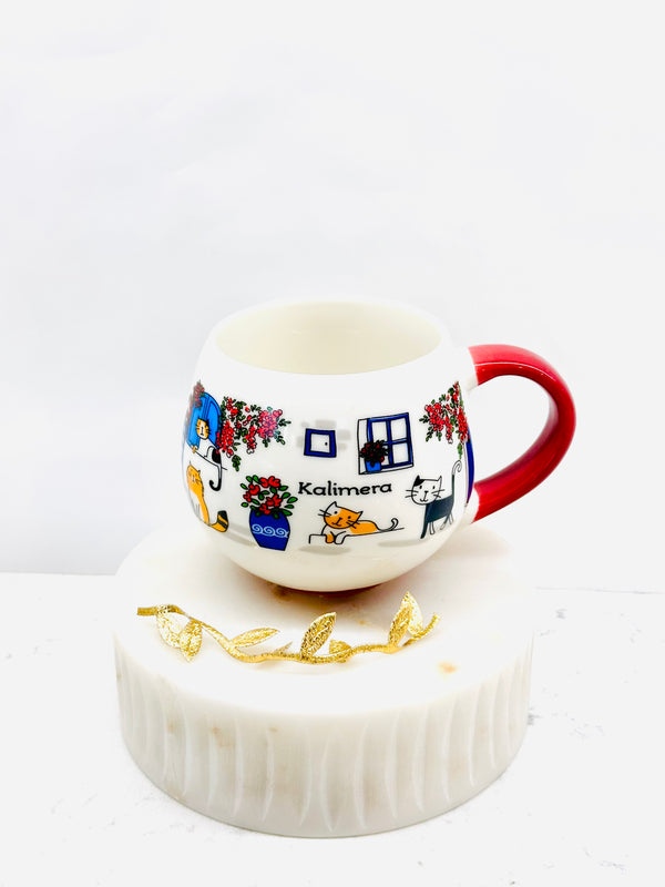 Greek Door and Cat Kalimera Round Mug