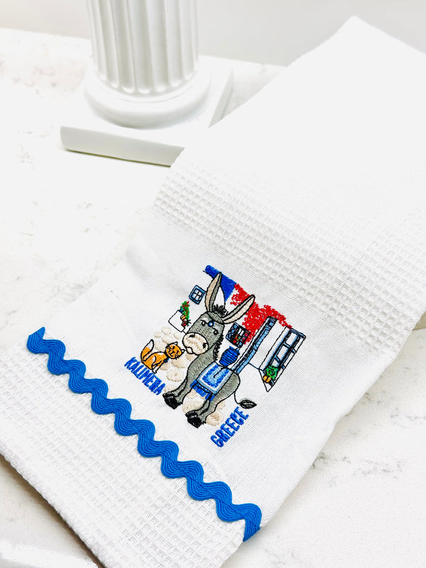Embroided Donkey and Cat Kalimera Tea Towel
