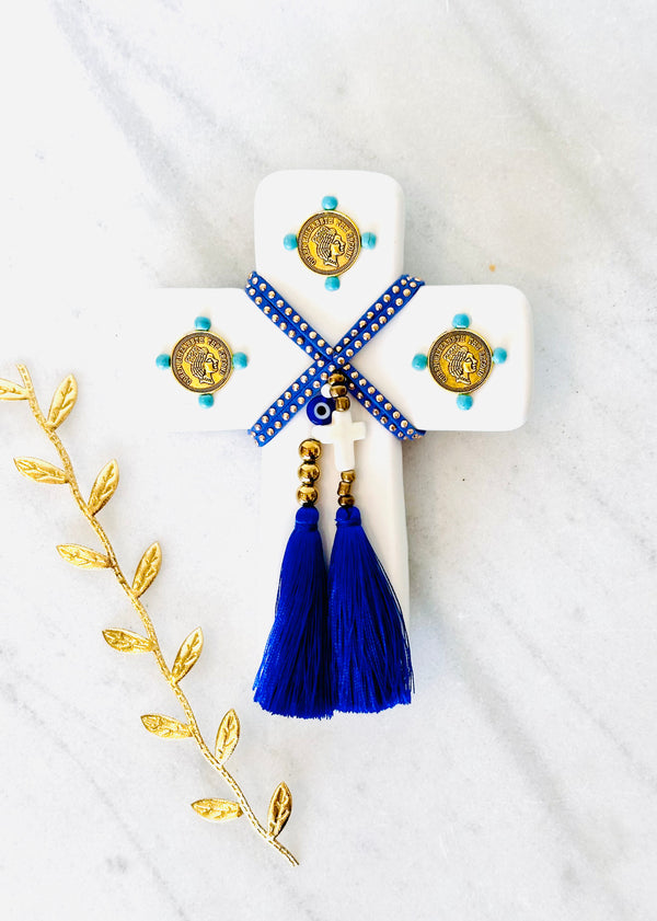 White and Blue Cain Ceramic Cross