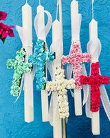 Bougainvillea Cross Lambatha Easter Candle - Grecian Blue
