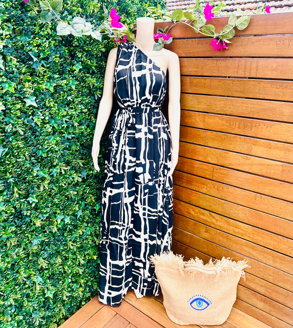 Black & Cream One Shoulder Dress