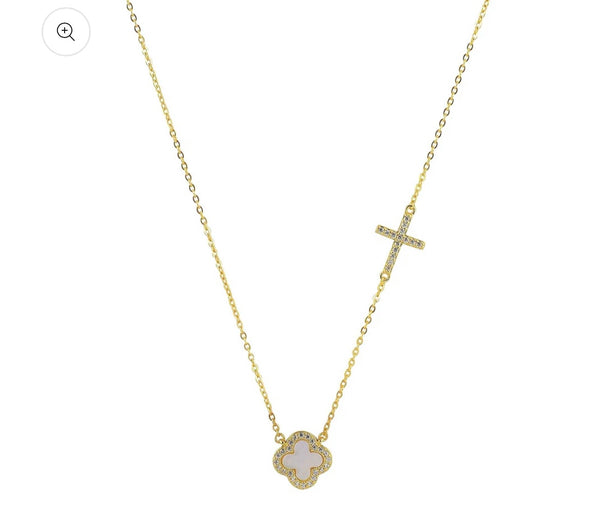 Mother of Pearl Clover & Cross Necklace