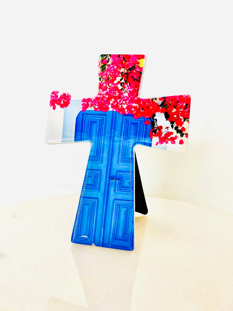 Bougainvillea and Blue Door Tile Cross