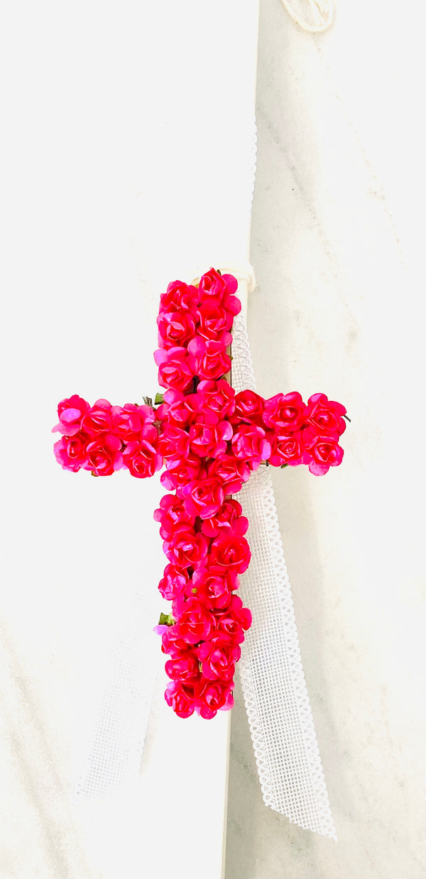 Bougainvillea Cross Lambatha Easter Candle - Dark Pink