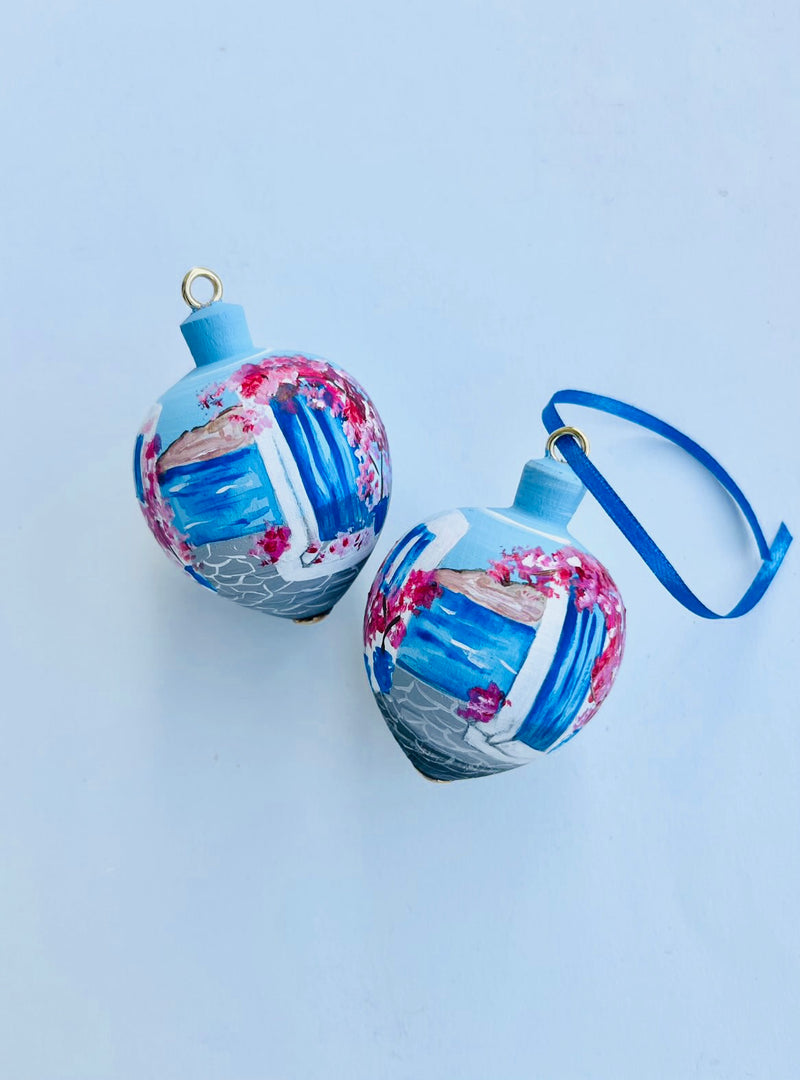 Greek Door Bougainvillea Hand-Painted Wooden Bauble