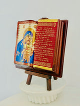 Panayia & Baby Jesus Book Icon with Greek Lords Prayer