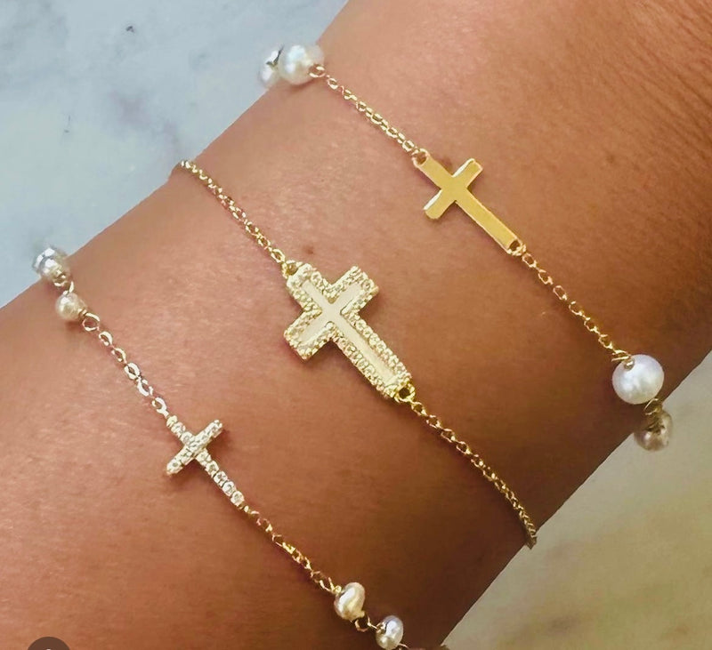Pearl Cross Gold Bracelet