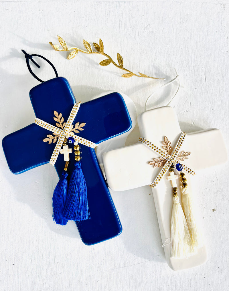 Olive Leaf Ceramic Blue Cross