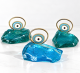 Handcrafted Aqua or Blue Glass Mati Decor - Gold Framed