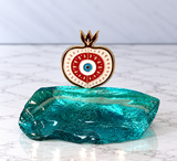 Handcrafted Blue Glass Pomegranate Decor - Red & White