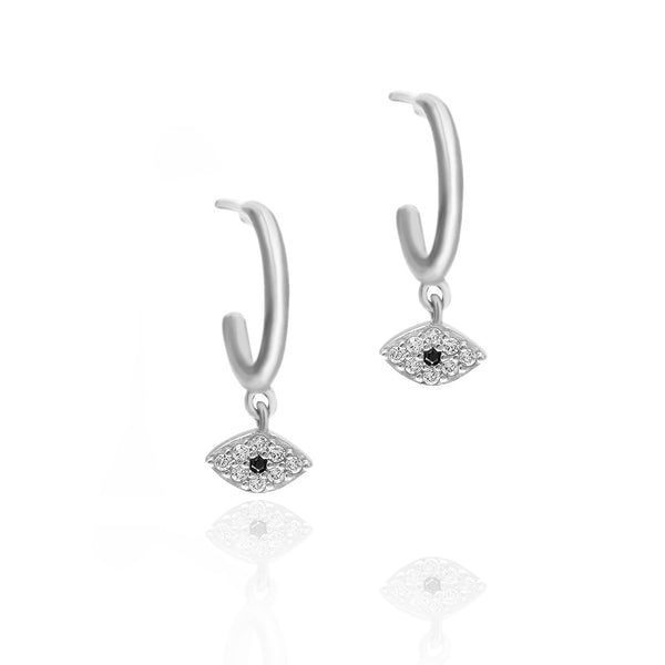 Silver Mati Drop Hoop Earrings