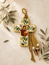 Panayia & Baby Jesus Ceramic Cross with Olive Design