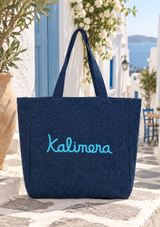 Greek Kalimera Denim Beach Bag