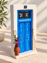 Handcrafted Blue & White Greek Door with Pot Plant