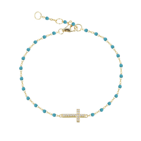 Gold Cross Turquoise Beaded Bracelet