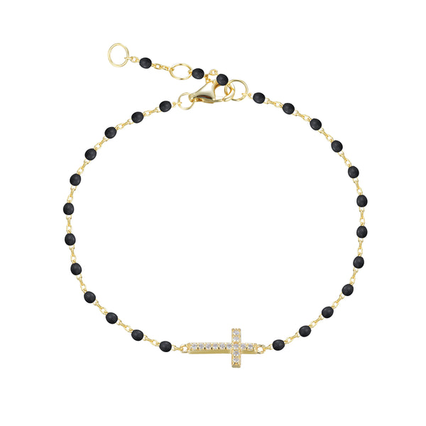 Gold Cross Black Beaded Bracelet