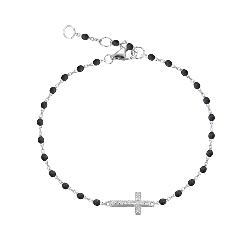 Silver Cross Black Beaded Bracelet