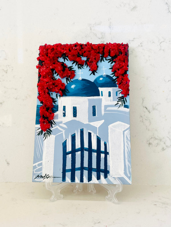Hand Painted Greek Island Artworks - Church scenery with 3D Pink Crystal Bougainvillea