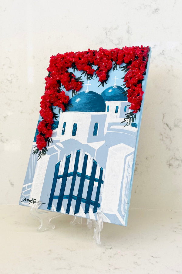 Hand Painted Greek Island Artworks - Church scenery with 3D Pink Crystal Bougainvillea