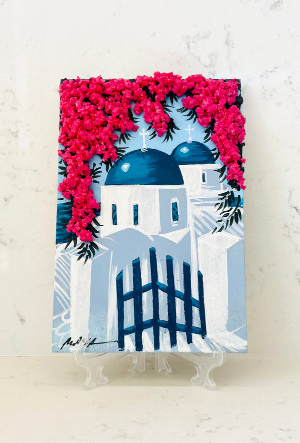 Hand Painted Greek Island Artworks - Santorini Church with 3D Pink CRYSTAL Bougainvillea