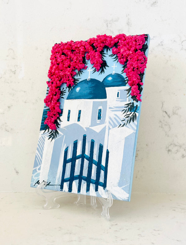 Hand Painted Greek Island Artworks - Santorini Church with 3D Pink Bougainvillea