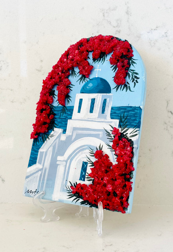 Hand Painted Greek Island Artworks - Church with 3D Red Bougainvillea
