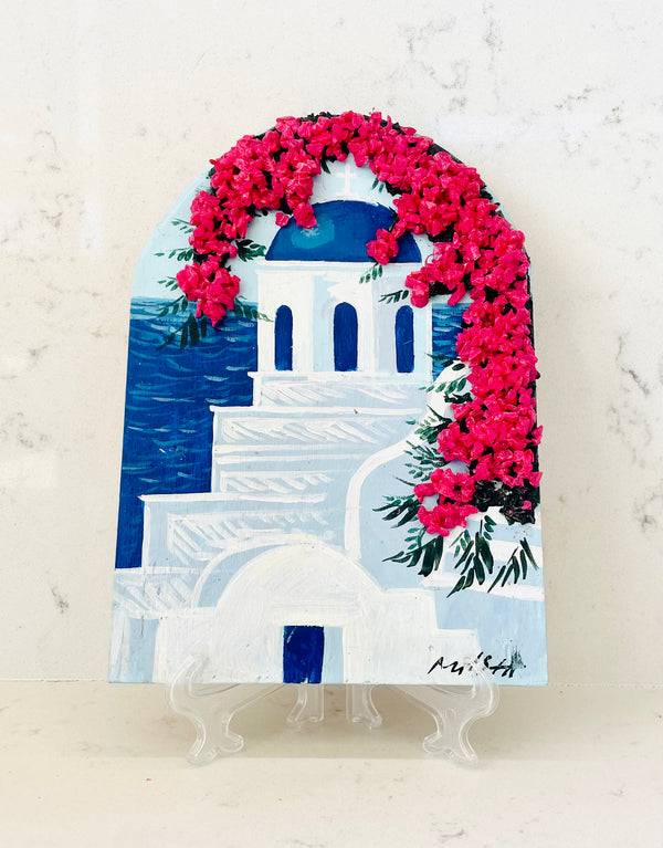 Hand Painted Greek Island Artworks - Church with 3D Pink Crystal Bougainvillea