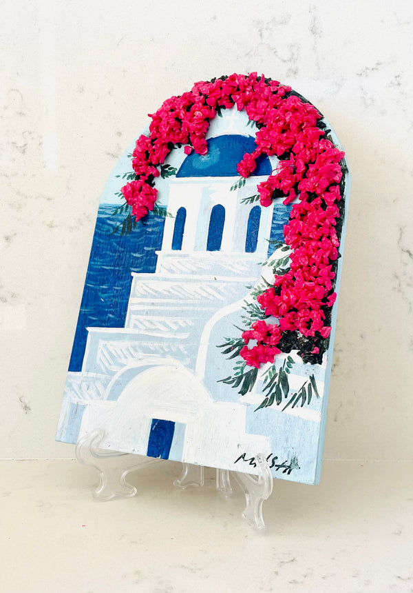 Hand Painted Greek Island Artworks - Church with 3D Pink Bougainvillea