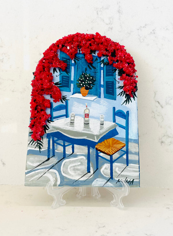 Hand Painted Greek Island Artworks - Ouzo Table with 3D Crystal Bougainvillea
