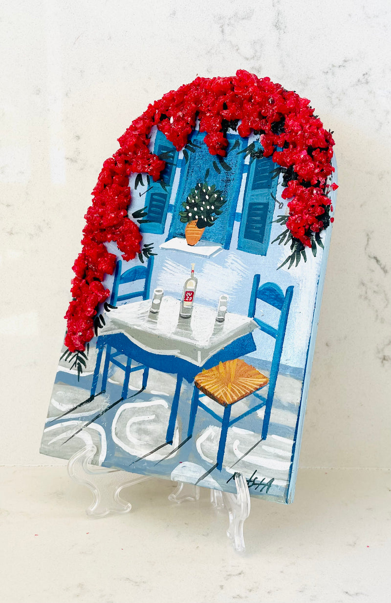 Hand Painted Greek Island Artworks - Ouzo Table with 3D Crystal Bougainvillea