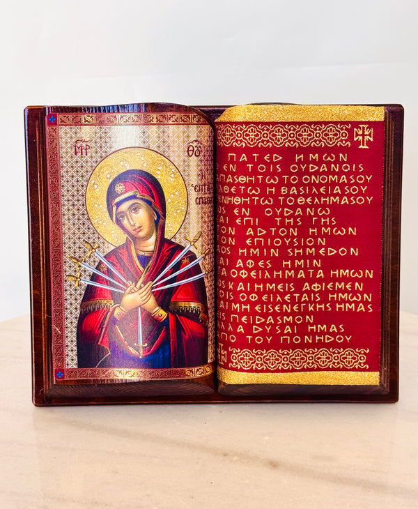 Panayia with Seven Swords Wooden Book Icon