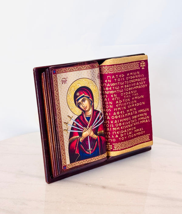 Panayia with Seven Swords Wooden Book Icon