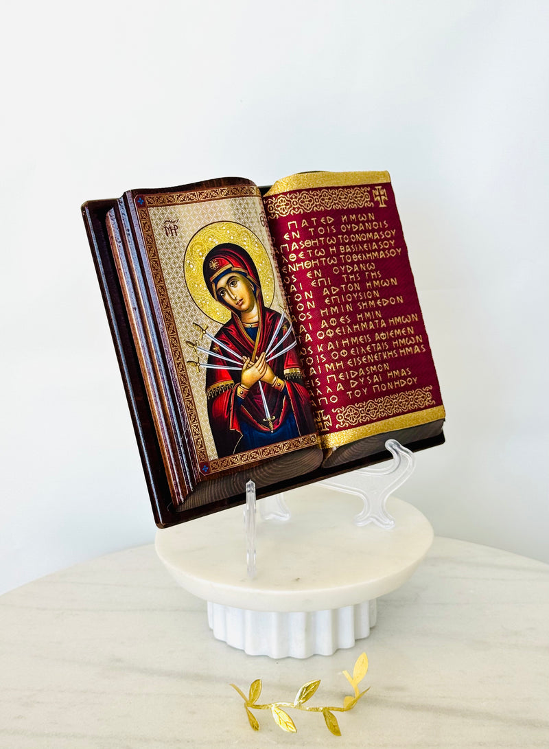 Panayia with Seven Swords Wooden Book Icon
