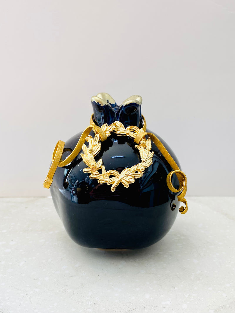 Small Navy Blue Gold Leaf Pomegranate with Wreath