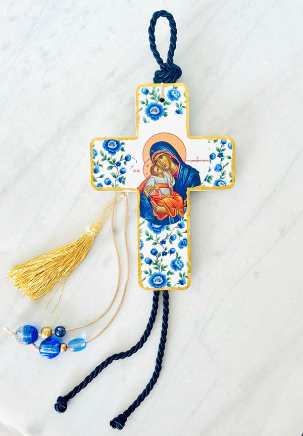 Panayia & Baby Jesus Ceramic Cross - Blue Floral