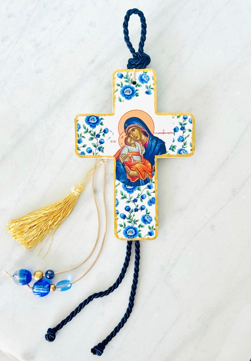 Panayia & Baby Jesus Ceramic Cross - Blue Floral
