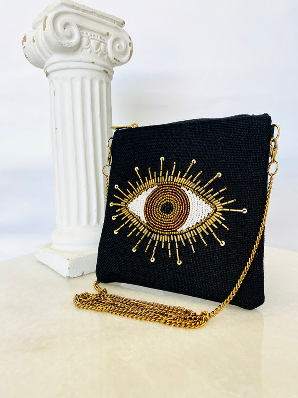 Black and Gold Beaded Mati Clutch Bag