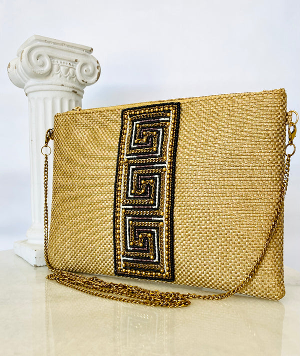 Greek Key Beige Beaded Clutch Bag